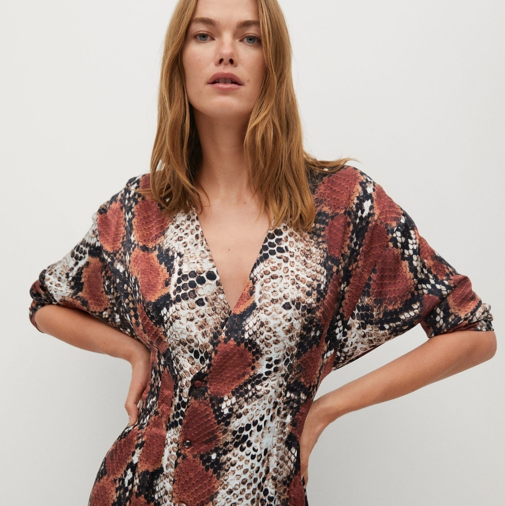 MANGO Snake print gown Oversized Long Maxi Dress with long Sleeve-size US 8 UK L